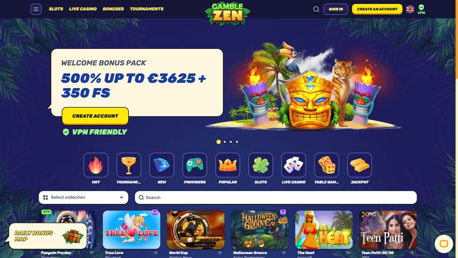 Gamblezen Casino games screen on desktop