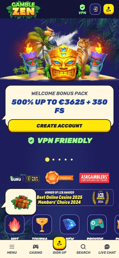 Gamblezen Casino home screen on a mobile browser