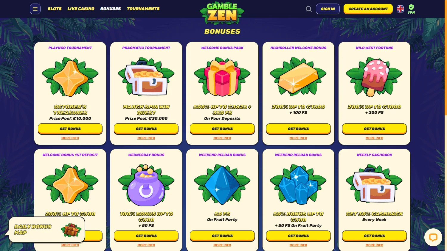 Gamblezen Casino promotions screen on desktop