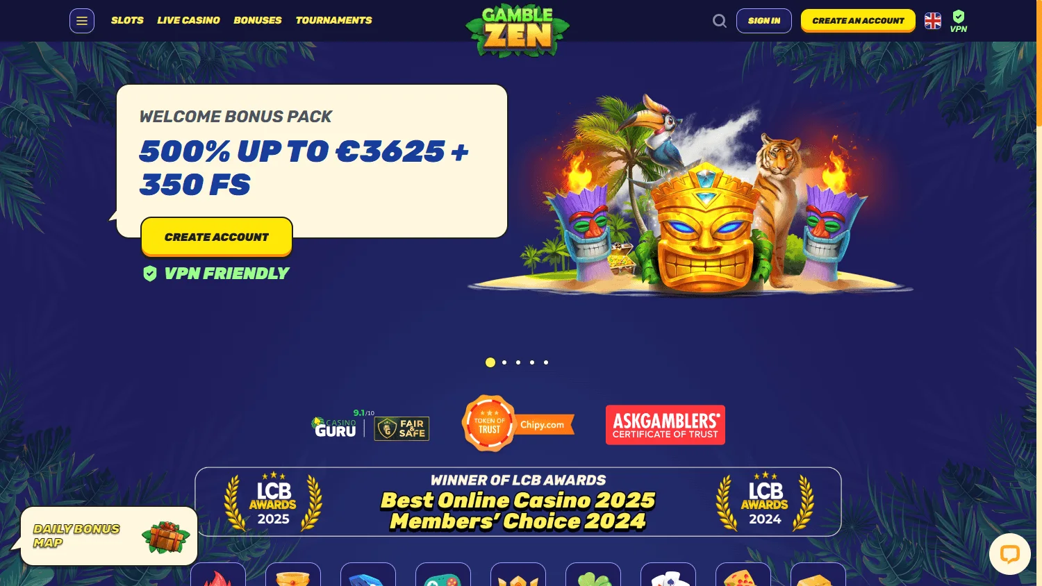 Gamblezen Casino home screen on desktop