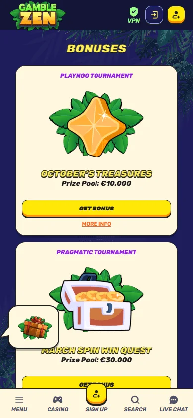 Gamblezen Casino promotions screen on a mobile browser